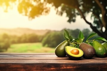 Ripe avocado with green leaves lie on wooden table on natural bokeh background of avocado plantation. Healthy organic green fruit, template for your design, mockup