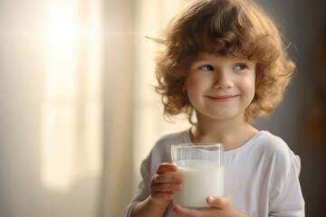 Cute child drinking milk in the morning at home.