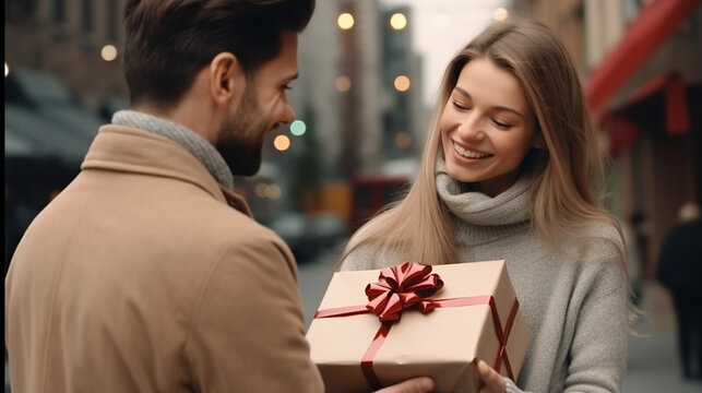 a young man gives a gift to a beautiful young woman against the backdrop of a city street