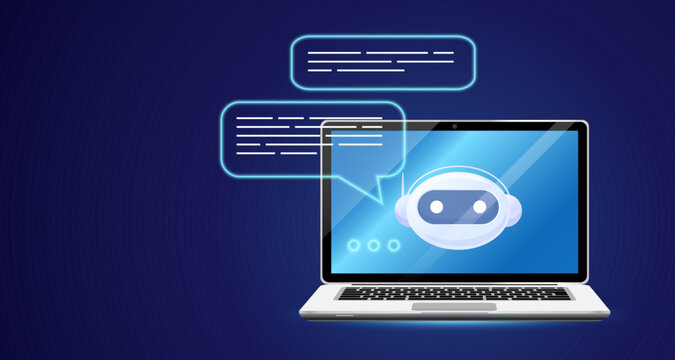 Artificial intelligence chat bot technology, digital robot face on laptop screen. Customer support, gpt. Online service, internet communication, chatbot virtual modern app. Vector illustration
