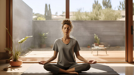 woman meditating, lady doing yoga at home