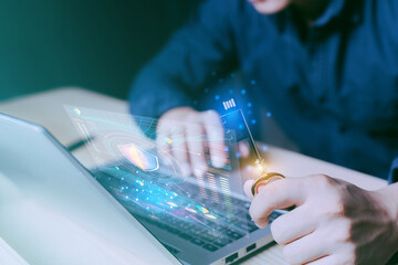 Man holding Key flash drive to helper cybersecurity concept.Global network security technology, business people protect personal information. Encryption with a padlock icon on the virtual interface.