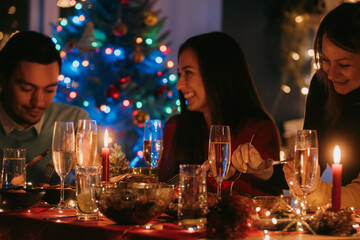 Happy young people enjoying Christmas Eve while sitting at the dining table together