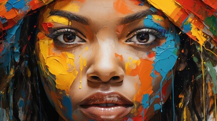 Painting of african beauty showing the texture of thick oil paint strokes on the rustic canvas,...