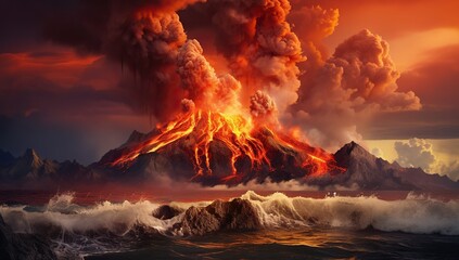 An erupting volcano surrounded by the sea, lifting clouds of ash and burning lava into the air at sunset.