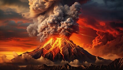 A volcano erupting, spewing ash and lava into the sky colored in the red hues of sunset.