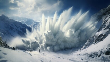 A snow avalanche cascades down a mountain slope, raising clouds of snow under a bright blue sky. - obrazy, fototapety, plakaty