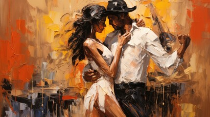 Painting of romantic dance showing the texture of thick oil paint strokes on the rustic canvas,...
