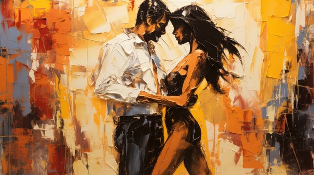 Painting of romantic dance showing the texture of thick oil paint strokes on the rustic canvas, vibrant colors