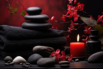 Spa still life with a black towel, red flowers, stones, a candle, and a bottle on a red background.