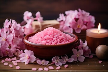 Obraz na płótnie Canvas Pink sea salt in a clay bowl with flowers and a candle on a wooden background, surrounded by petals.