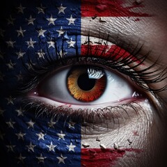 An image of a human eye with the American flag on the skin around the eye, expressing patriotism