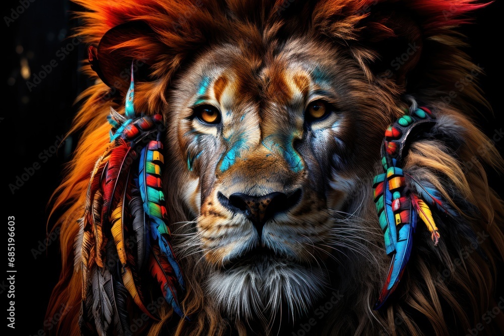 Poster Lion with Colorful Feathers on Head Generative AI