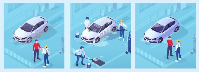 Set of car washing service. Worker cleaning vehicle from dust and mud. Automobile care, station with special equipment. Soap and sponge. Blue background. Isometric vector illustration.
