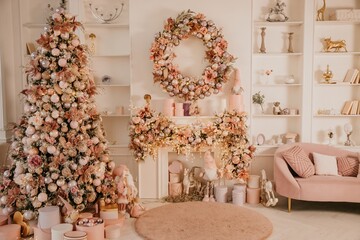 Modern New Year's decor for the living room and bedroom. Christmas tree, decorated with New Year's toys, stands near the fireplace
