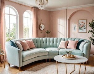 4. curved and modular three-seater sofa with soft pastel upholstery, placed in a dreamy and romantic living room.
