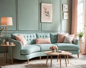 1. curved and modular three-seater sofa with soft pastel upholstery, placed in a dreamy and romantic living room.