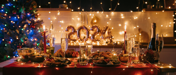 No people shot of dining table decorated with Christmas ornaments with cozy atmosphere 