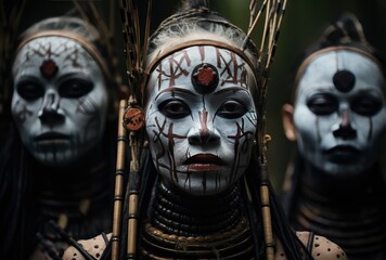 tribal face painted in a forest with bamboo sticks
