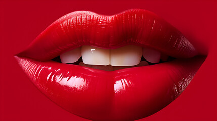 pop art red lips on red background, sexy lips with red lipstick
