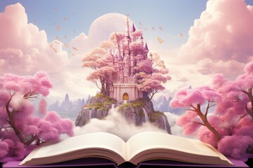 a book with an open castle on top, in the style of photorealistic fantasies, colorful cartoon