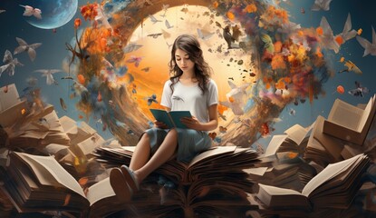 a book with world on top and a girl by it