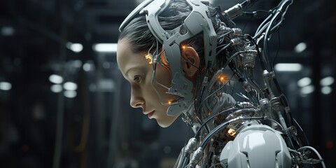 A cyborg with seamlessly integrated biotech enhancements, demonstrating advanced human-machine symbiosis