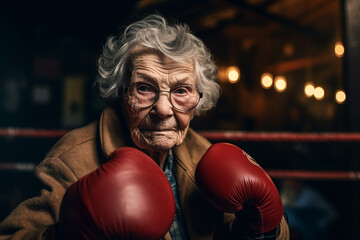 Grandmother boxer in boxing gloves on boxing ring. Old beautiful Grandma in clothes in boxing gloves in fight. Tough old granny wearing boxing gloves. Angry granny boxer in boxing. Grandmother fighter - obrazy, fototapety, plakaty