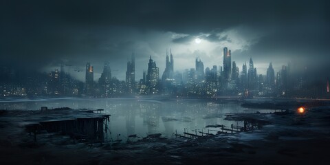 A dystopian cityscape at night, illuminated by digital billboards and surrounded by a polluted atmosphere
