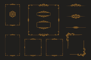 Set Of Golden Vintage ornament with border, frame, crown, ornate,  mandala and luxury elements, suitable for vintage design or wedding invitation card