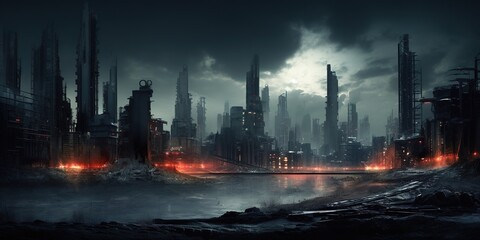 A dystopian cityscape at night, illuminated by digital billboards and surrounded by a polluted atmosphere