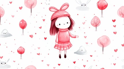 Little girl with bunny ears cap or bow standing among pink trees and cute snow characters, having fun in the snow, a white ice and red or pink magical landscape seamless wallpaper, childbook drawxing
