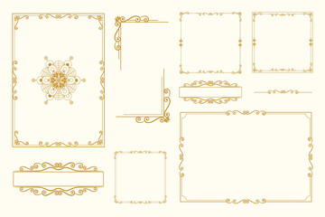 Set Of Golden Vintage ornament with border, frame, crown, ornate,  mandala and luxury elements, suitable for vintage design or wedding invitation card