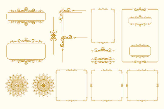 Set Of Golden Vintage ornament with border, frame, crown, ornate,  mandala and luxury elements, suitable for vintage design or wedding invitation card