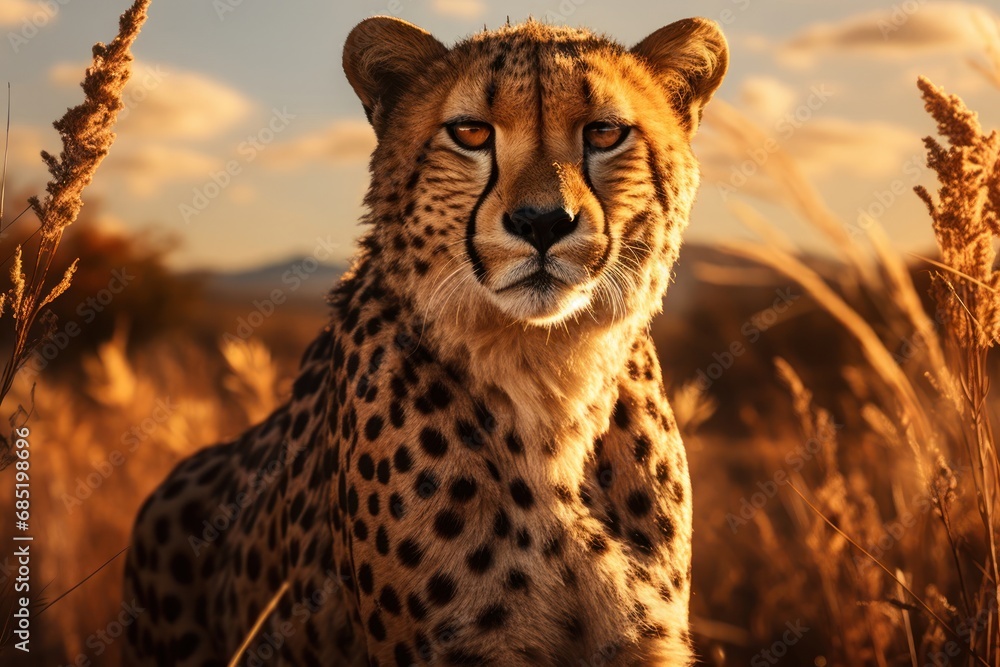 Poster cheetah resting in a field of tall grass generative ai