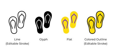 Pair of flip flops, sandals, slippers vector icon set for website design, app, ui, isolated on white background. Vector illustration. - obrazy, fototapety, plakaty