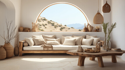 3d rendered illustration of modern Scandinavian living room interior with big round window, decoration, and sand landscape outside