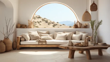 Foto op Plexiglas 3d rendered illustration of modern Scandinavian living room interior with big round window, decoration, and sand landscape outside © Xenia