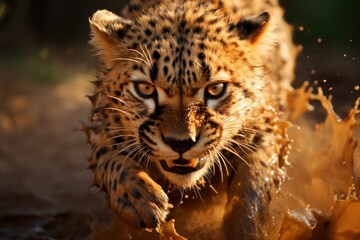 Fototapeta premium Cheetah Sprinting Through Mud in the Wild Generative AI