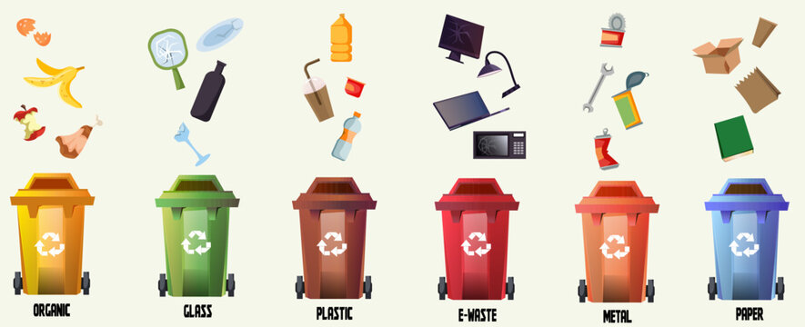 Set of various garbage and rubbish bin designed for recycling. Collection of mixed, e-waste, paper, carton, organic, metal trash sorting. Reusable container. Ecofriendly concept. Vector illustration