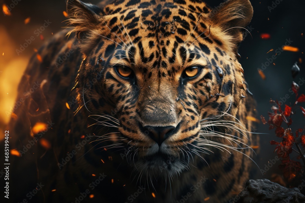 Poster Close Up of Leopard on Dark Background Generative AI
