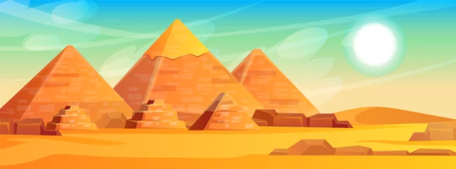 Foto op Canvas Picturesque landscape with Egyptian pyramids. Scenic panoramic view on African world wonder. Sahara desert tourist attraction, ancient giza, cheops landmarks. Vector illustration © GN.STUDIO