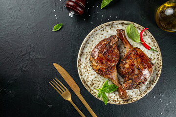 Baked duck thigh with spices on a dark background. top view. copy space for text - obrazy, fototapety, plakaty