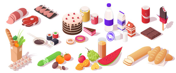 Set of various national traditional food dishes. Collection of sausage, steak, vegetable, fruit, sweets, cake, donate, milk, fresh bread. Isolated on white background. Isometric vector illustration