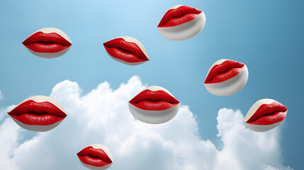 love is in the air, kisses in sky, red kissing lips falling from sky, pop art valentines day...