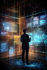 A person interacting with a complex, holographic interface full of digital data and analytics