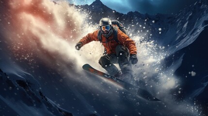 snowboarder coming down from a snowy mountain