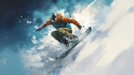snowboarder coming down from a snowy mountain - obrazy, fototapety, plakaty