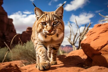 Obraz premium A wild cat with yellow fur and black spots stands in the desert.