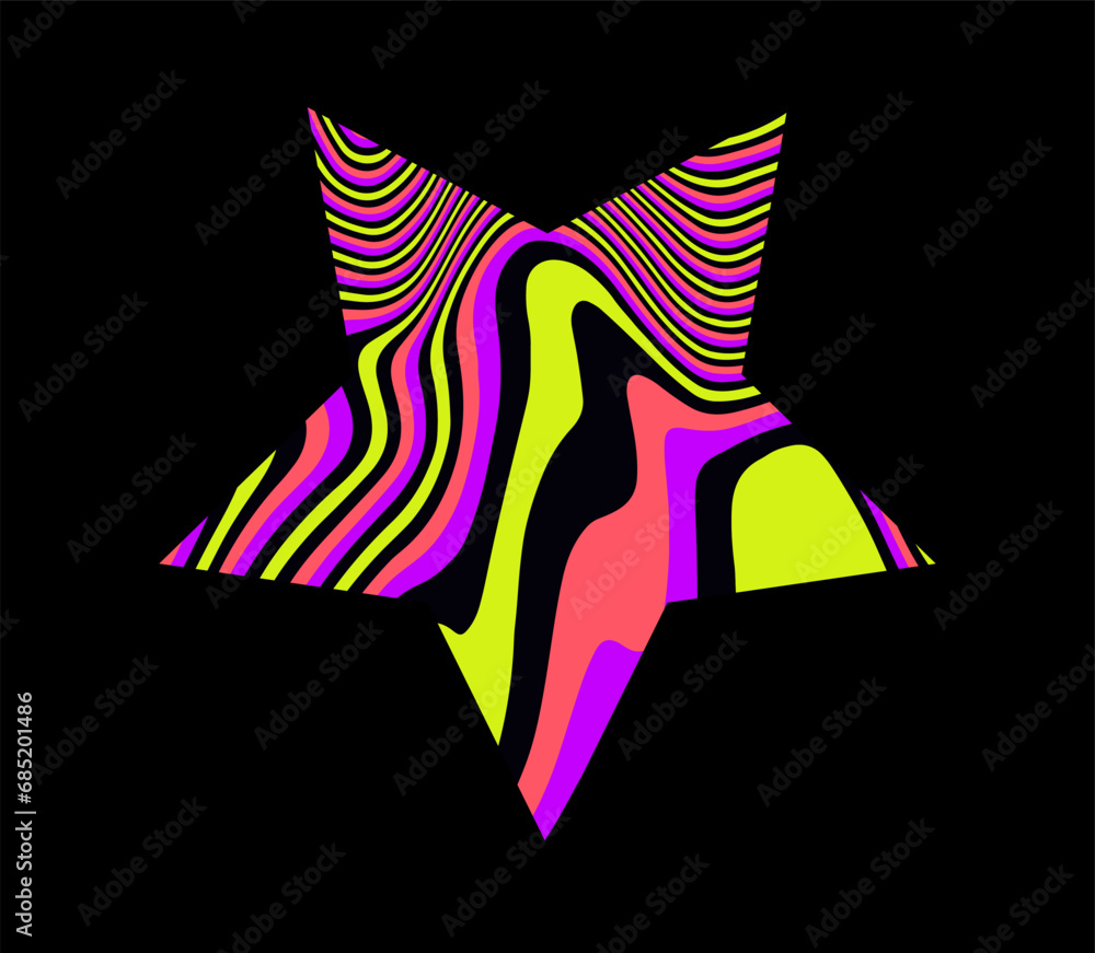 Poster Star with psychedelic pattern in neon acid colors. Template for a logotype design.